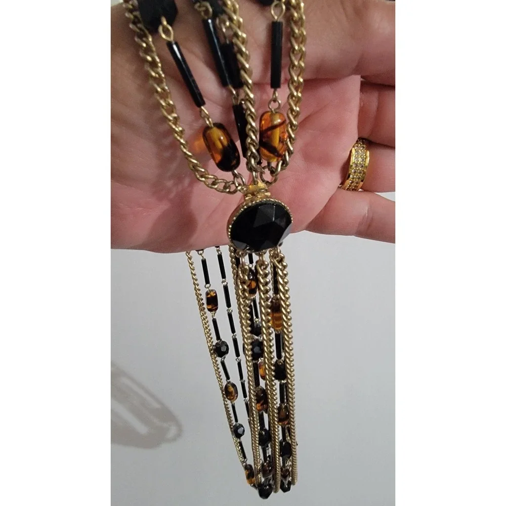 Vintage Multi Strand Gold Tone Beaded Statement Necklace Black Tortoise Shell